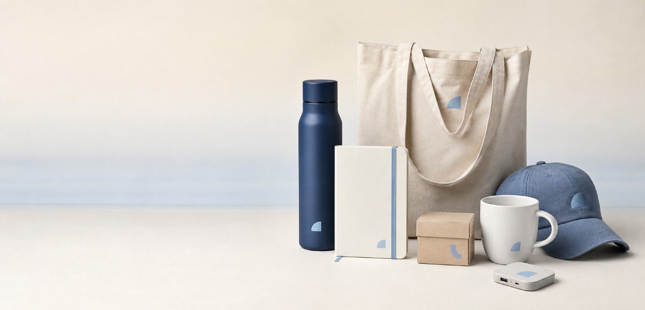 Custom promotional gift set — hat, mug, notebook and more